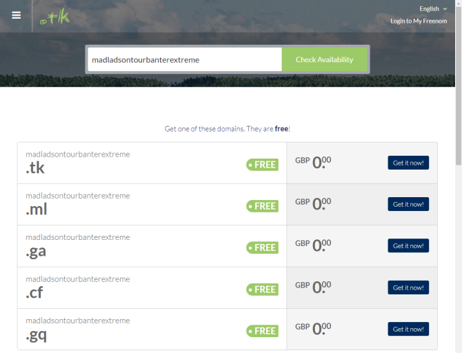 Страница Dot TK для регистрации бесплатного домена .tk