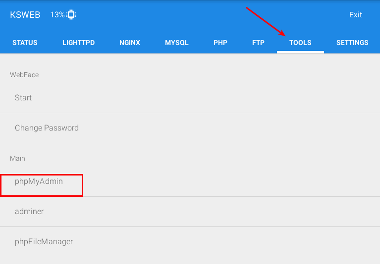 Установка phpMyAdmin через вкладку Tools в KSWEB
