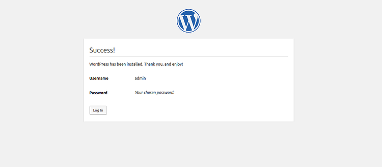 Успешная установка WordPress