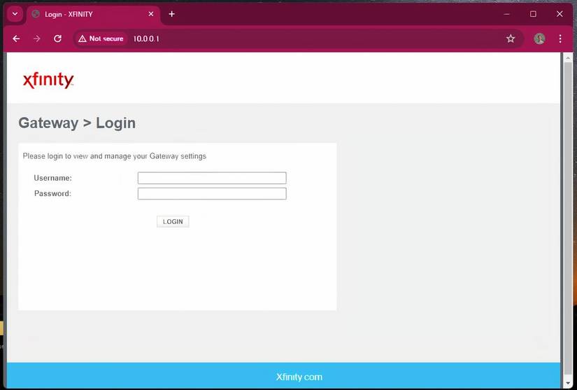 Страница входа в маршрутизатор Xfinity