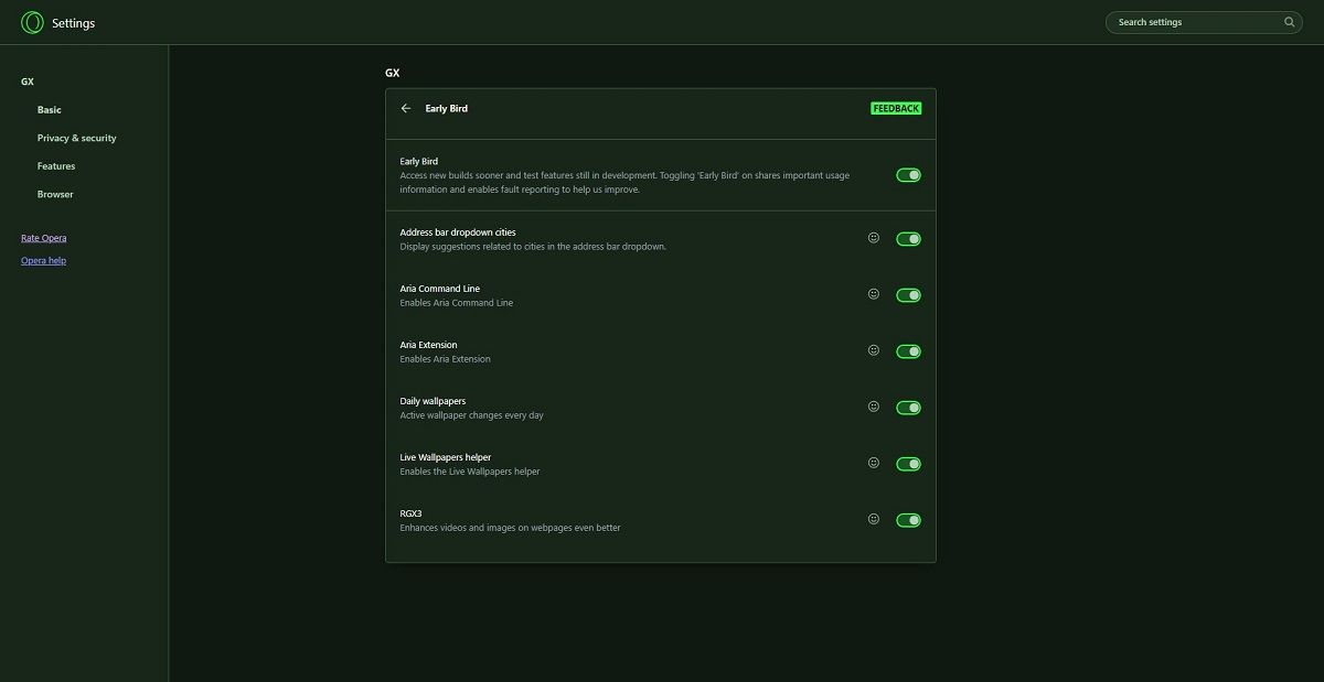 Раскрытое меню Early Bird в настройках Opera GX