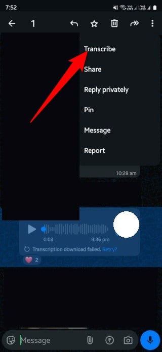 Опция Транскрибировать в меню сообщения