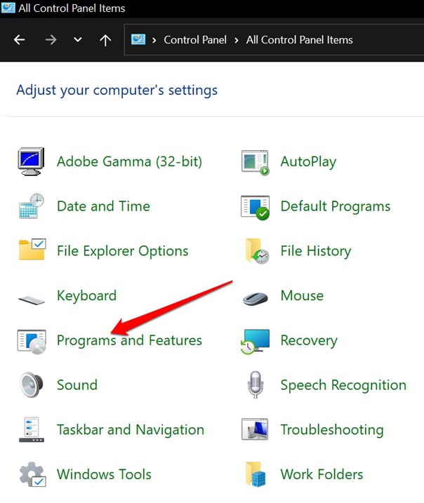Lista de Programas e Recursos no Windows