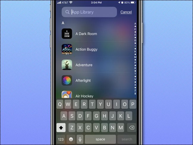 Алфавитный список приложений в App Library