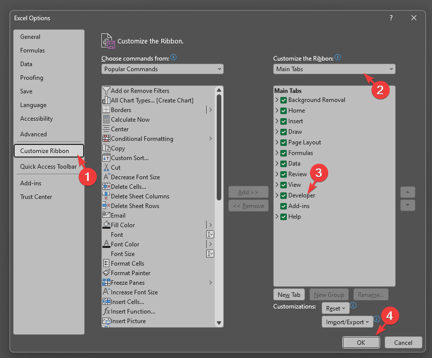 Настройка ленты в Excel для включения вкладки Разработчик
