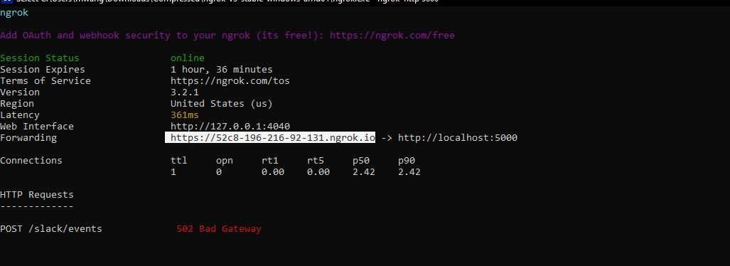 Вывод работы ngrok в терминале