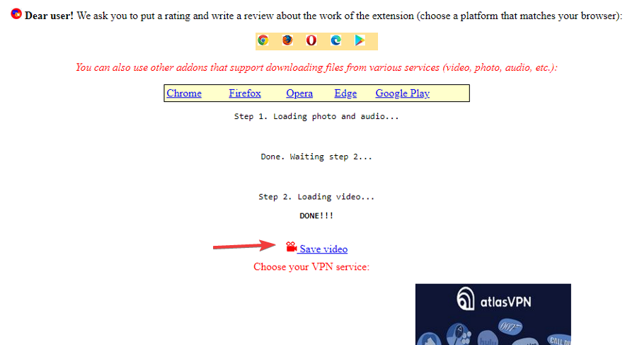 Страница загрузки расширения с ссылкой Сохранить видео