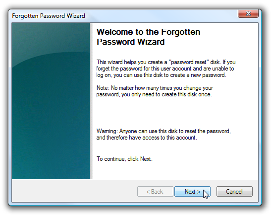Мастер создания диска сброса пароля, кнопка Далее