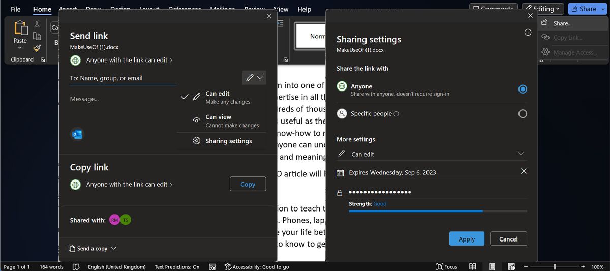 Поделиться документом и управлять правами в Word