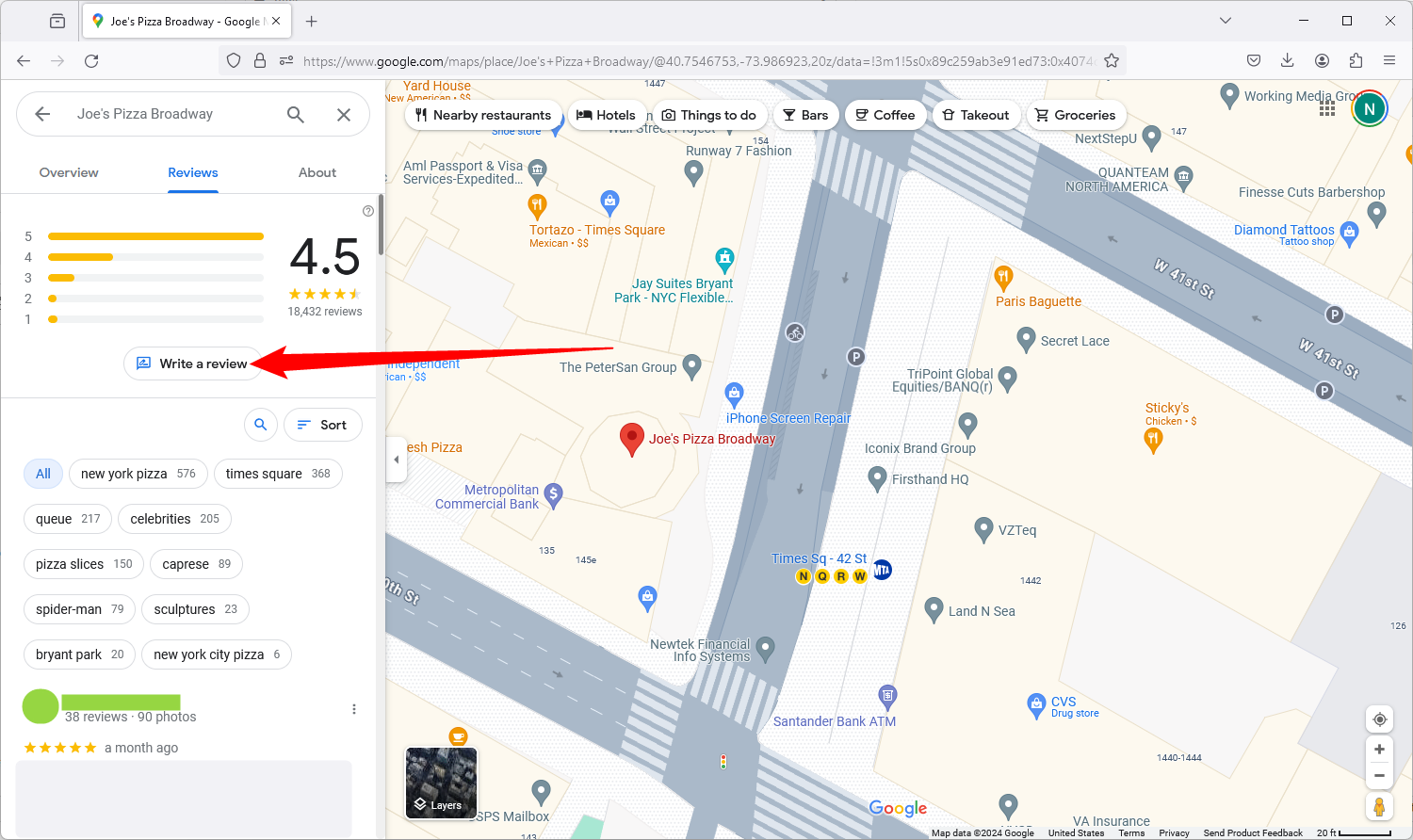 Кнопка «Написать отзыв» в Google Maps