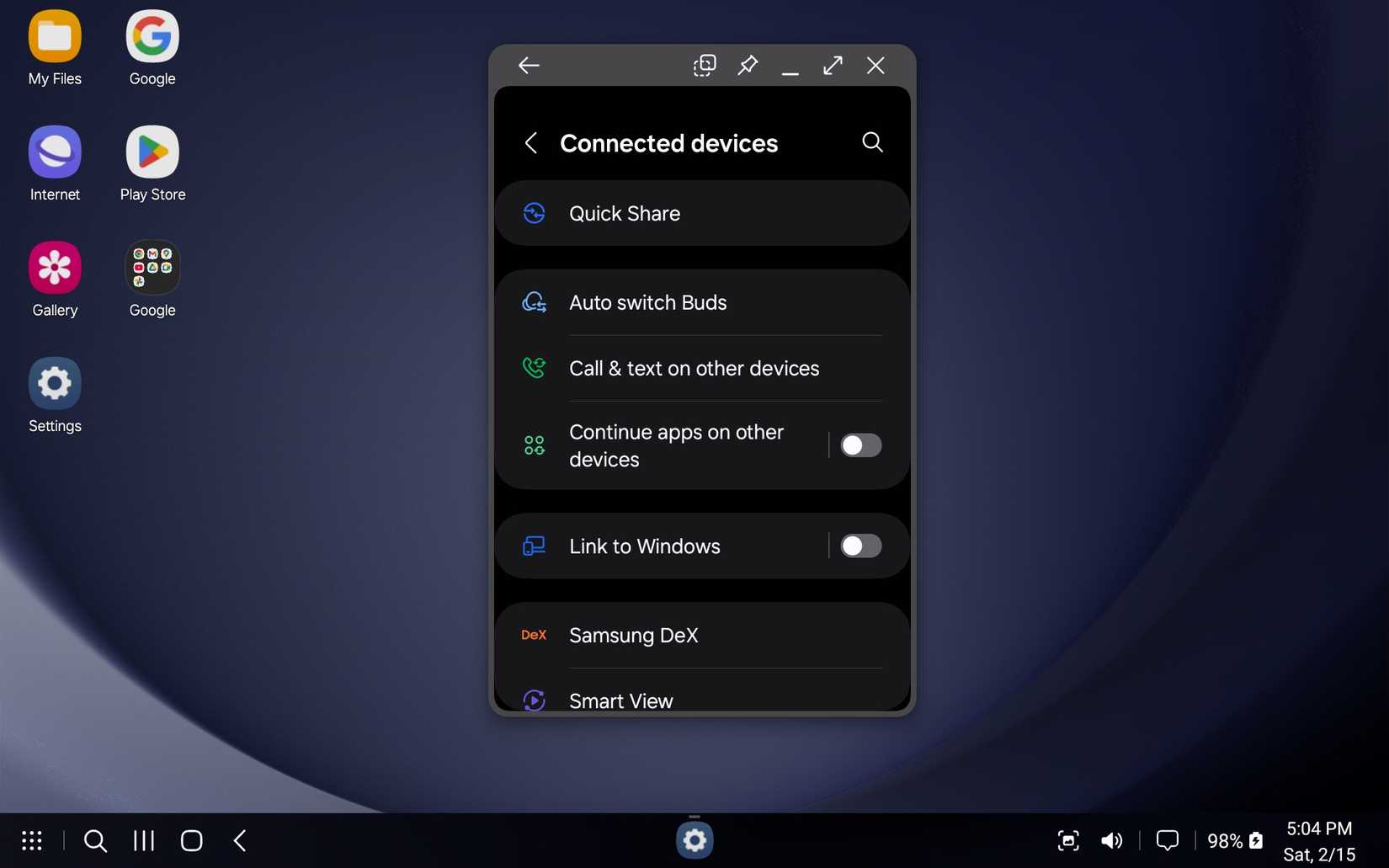 Интерфейс Samsung DeX с открытым меню настроек