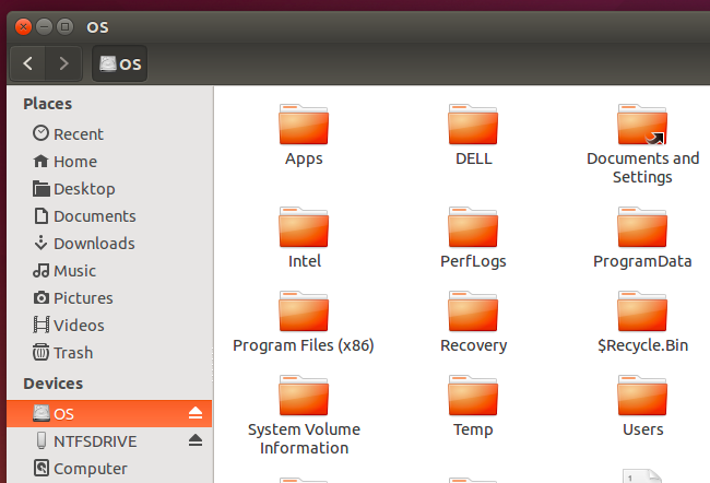 Снимок экрана: подключённый NTFS раздел в файловом менеджере Linux