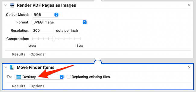 Выбор папки назначения в действии Move Finder Items
