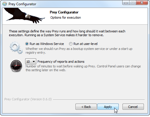 Параметры частоты отправки отчётов в Prey