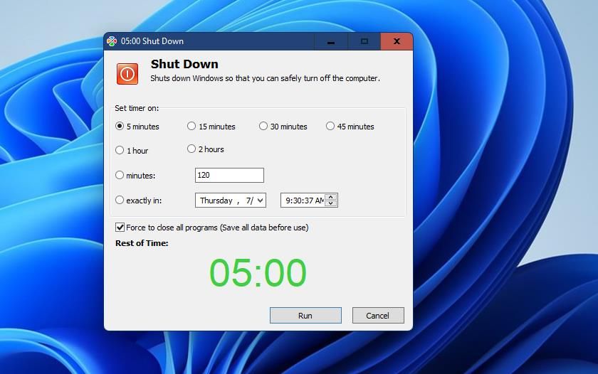 Окно планирования завершения работы в Start Menu X