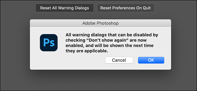 Подтверждение сброса предупреждений в Photoshop