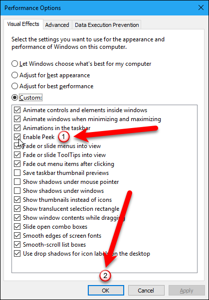 Параметры быстродействия: включение просмотра (Aero Peek) в Windows 10