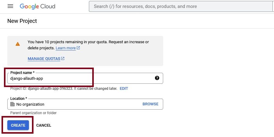 Форма ввода имени проекта в Google Cloud