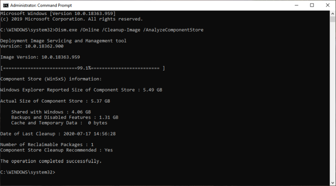 Результат DISM /AnalyzeComponentStore с реальным размером хранилища компонентов