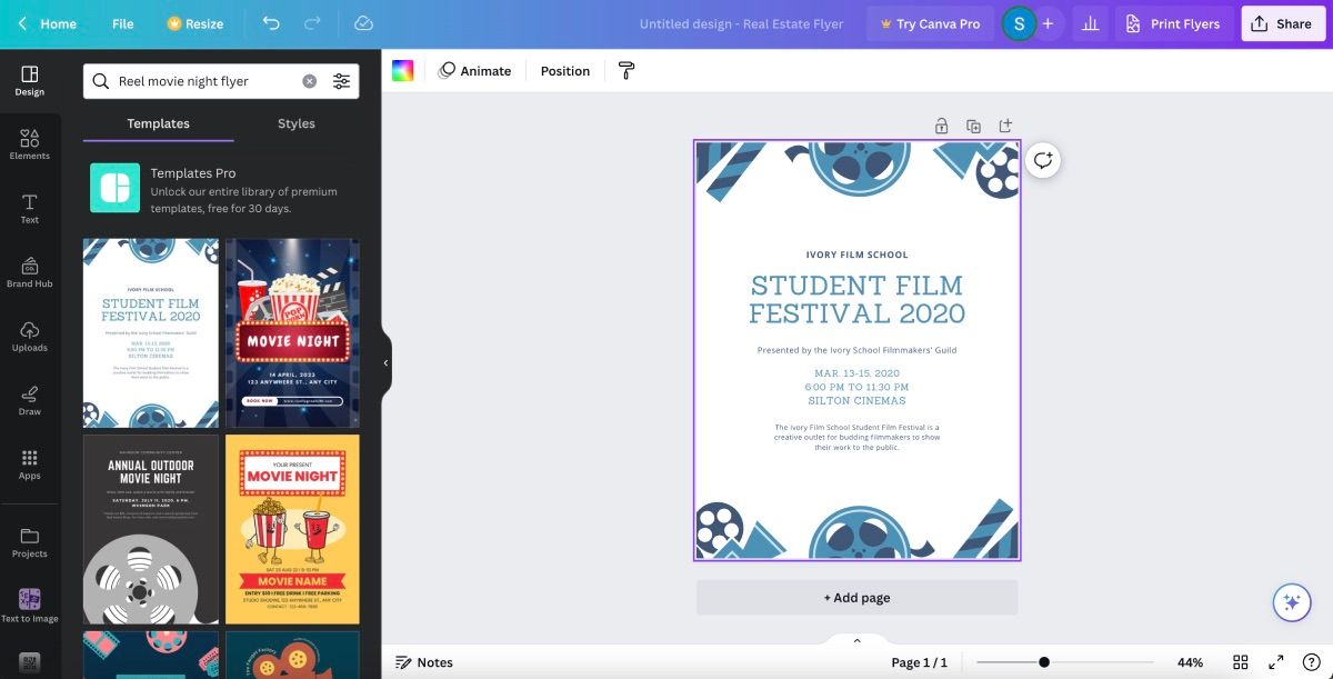 Шаблон флаера на тему киновечера в редакторе Canva