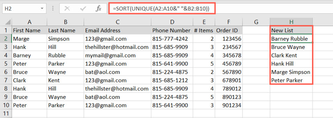 Объединение уникальных имён и сортировка