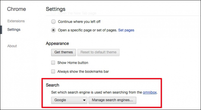 Раздел «Поиск» в Настройках Chrome