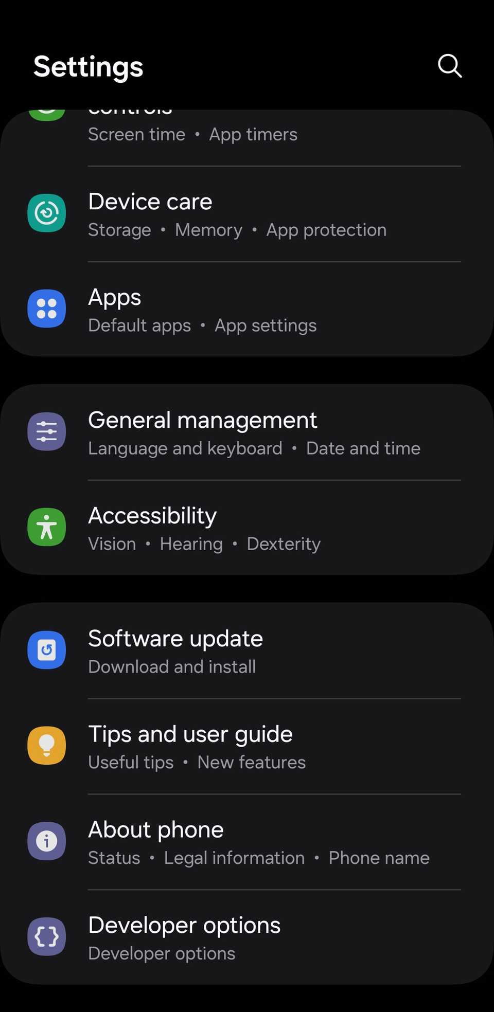 меню Общие настройки на Android