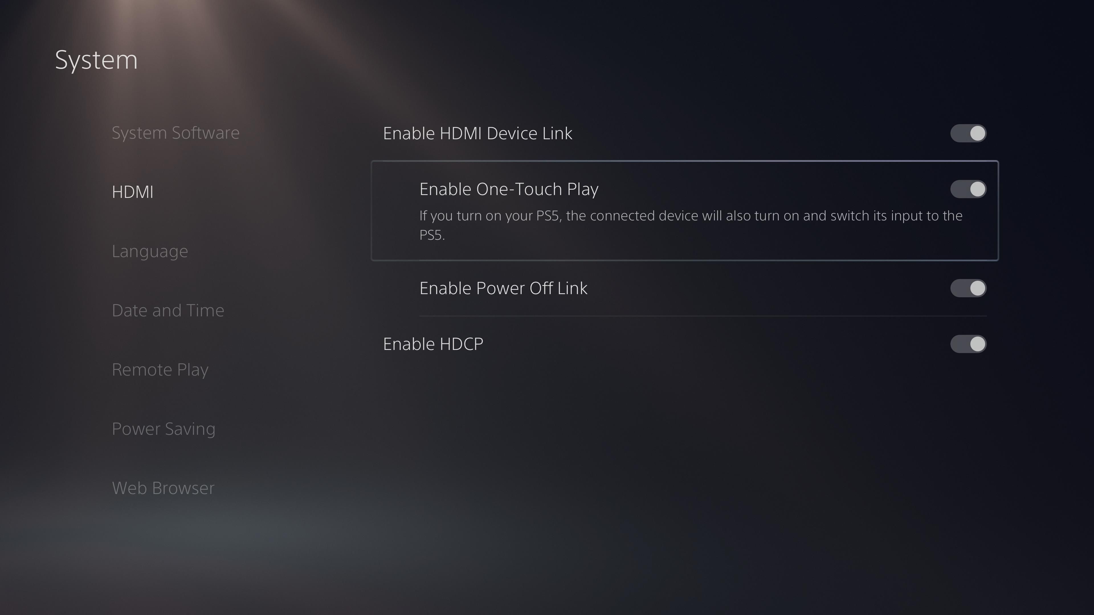 Экран настроек PS5 для параметров HDMI Device Link