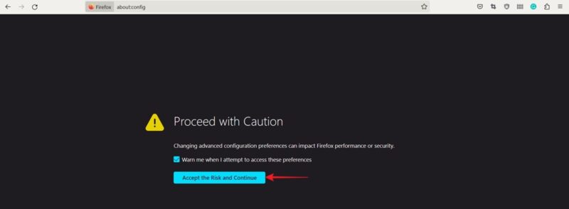 Нажатие кнопки «Принять риск и продолжить» на странице about:config в Firefox