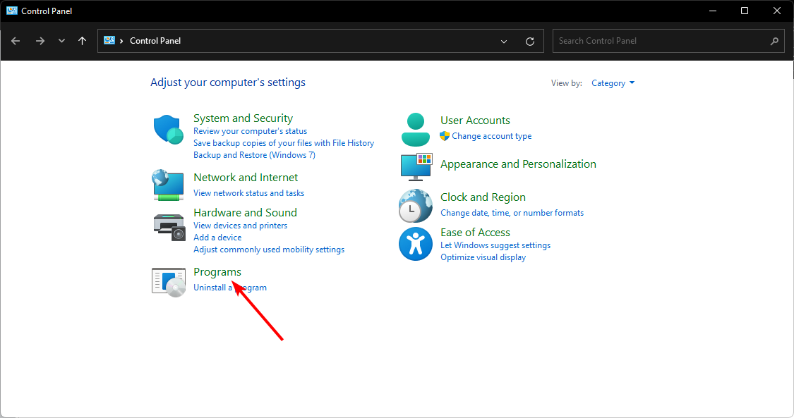 Раздел 'Программы' в Панели управления