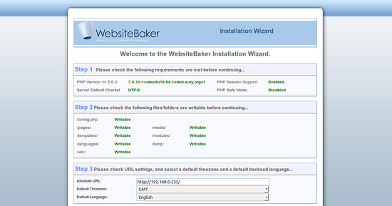 Мастер установки WebsiteBaker — страница с настройками базы данных и админа