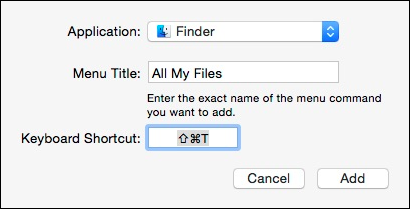 Добавление нового сочетания клавиш для Finder в системных настройках