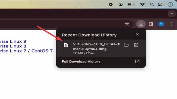 Открытие установщика VirtualBox в браузере