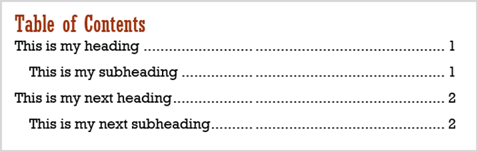 Table of Contents Screenshot Word