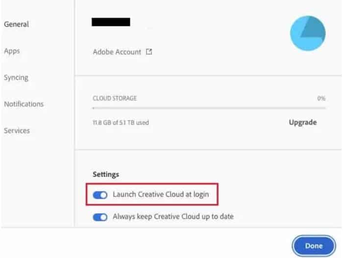 Impostazioni Adobe Creative Cloud che mostrano Avvia all'accesso disattivato