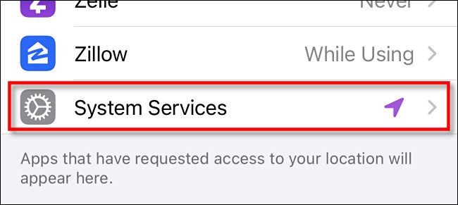 Раздел «Системные службы» в Службах геолокации
