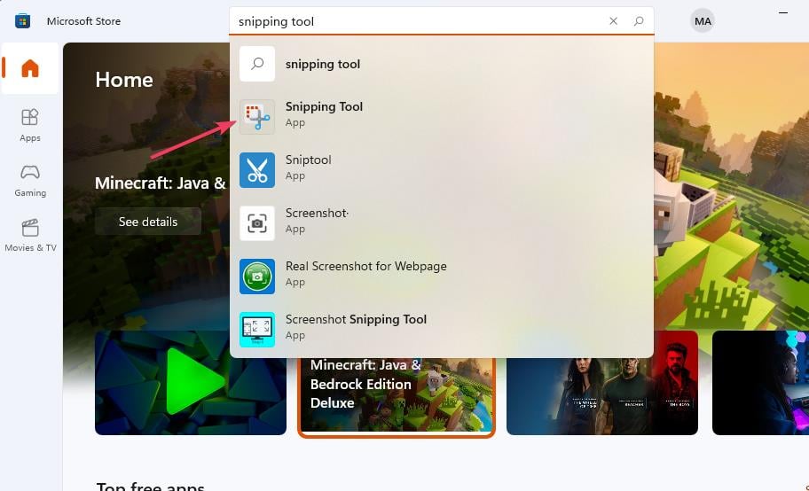 Результат поиска Snipping Tool в Microsoft Store для переустановки