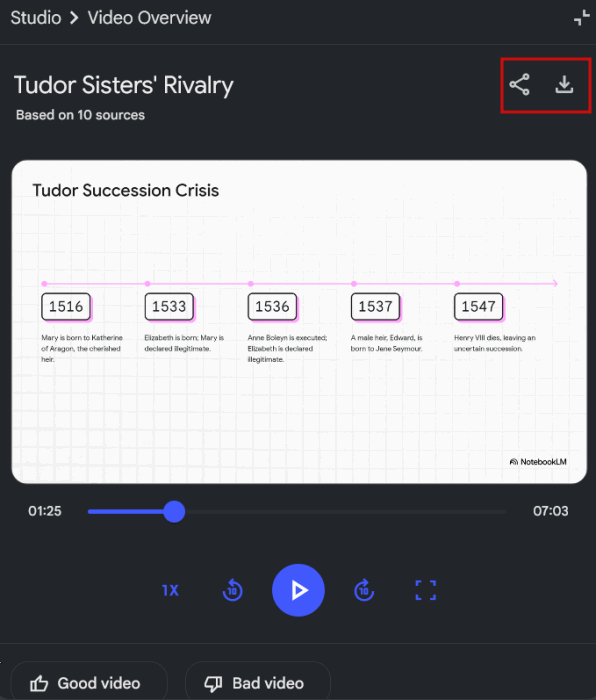 Download‑ und Teilen‑Optionen für ein Video aus NotebookLM