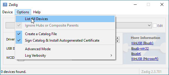 Выбор устройства WUP-028 в Zadig