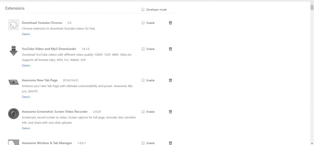 Список установленных расширений в Google Chrome