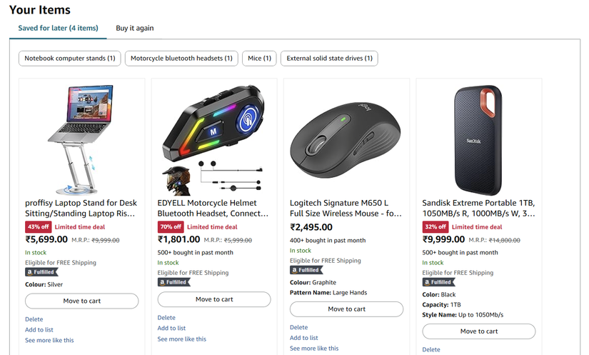 The picture shows my Amazon save for later items.