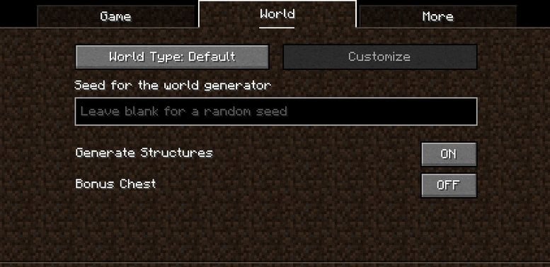 Выбор режима: список опций для создания мира