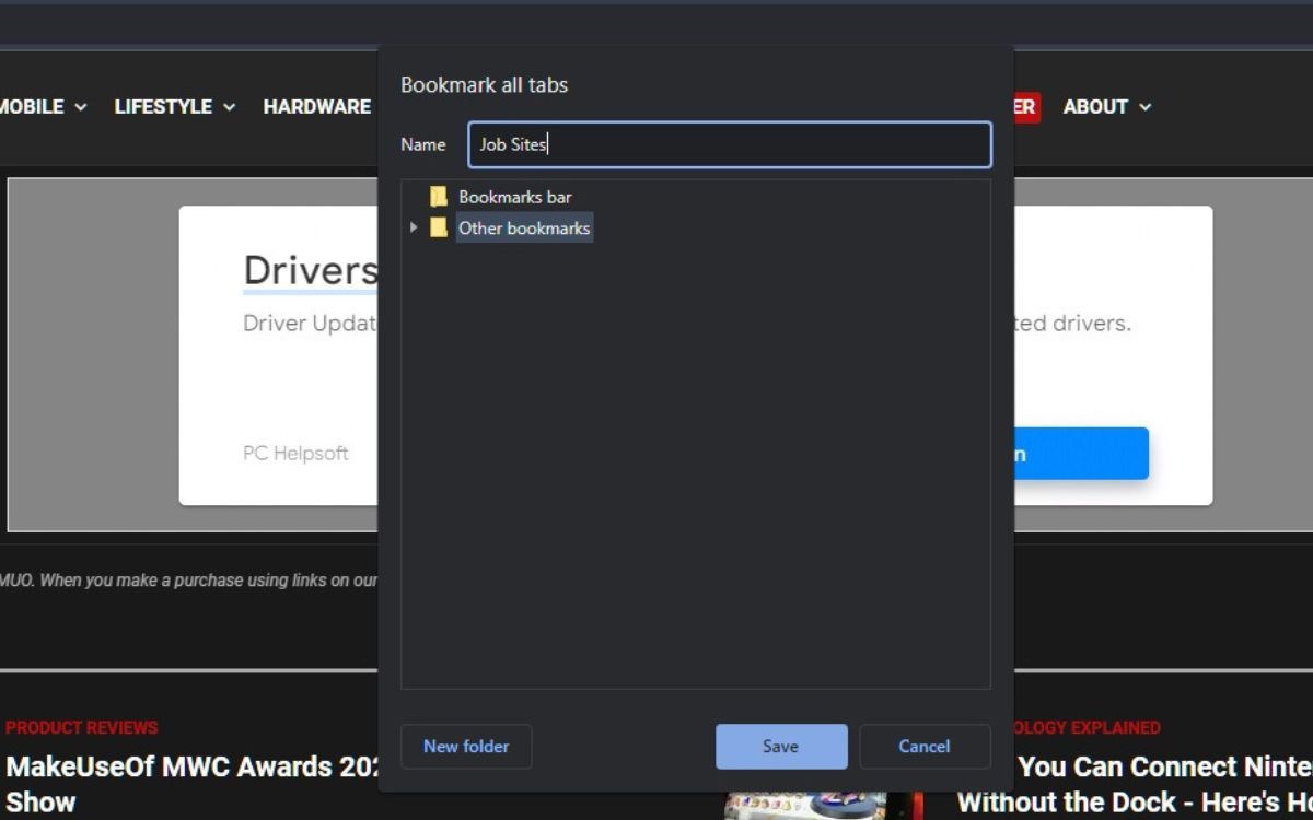 Окно сохранения всех вкладок в закладки с выбором папки