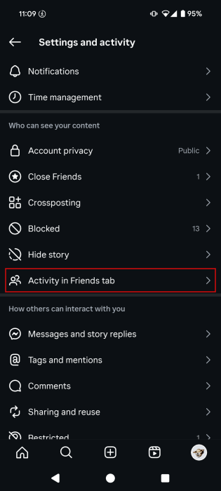 Seleccionar opción Actividad en la pestaña Amigos en ajustes de Instagram