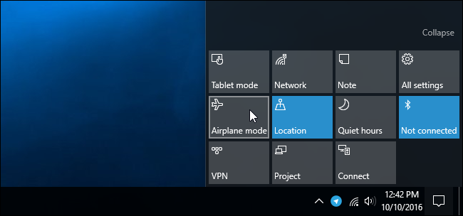Центр уведомлений с плиткой Режим в самолёте