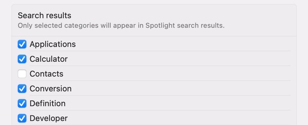 Исключение категории Контакты из результатов Spotlight.