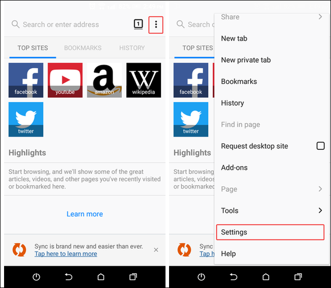 Нажмите кнопку меню в Firefox Mobile