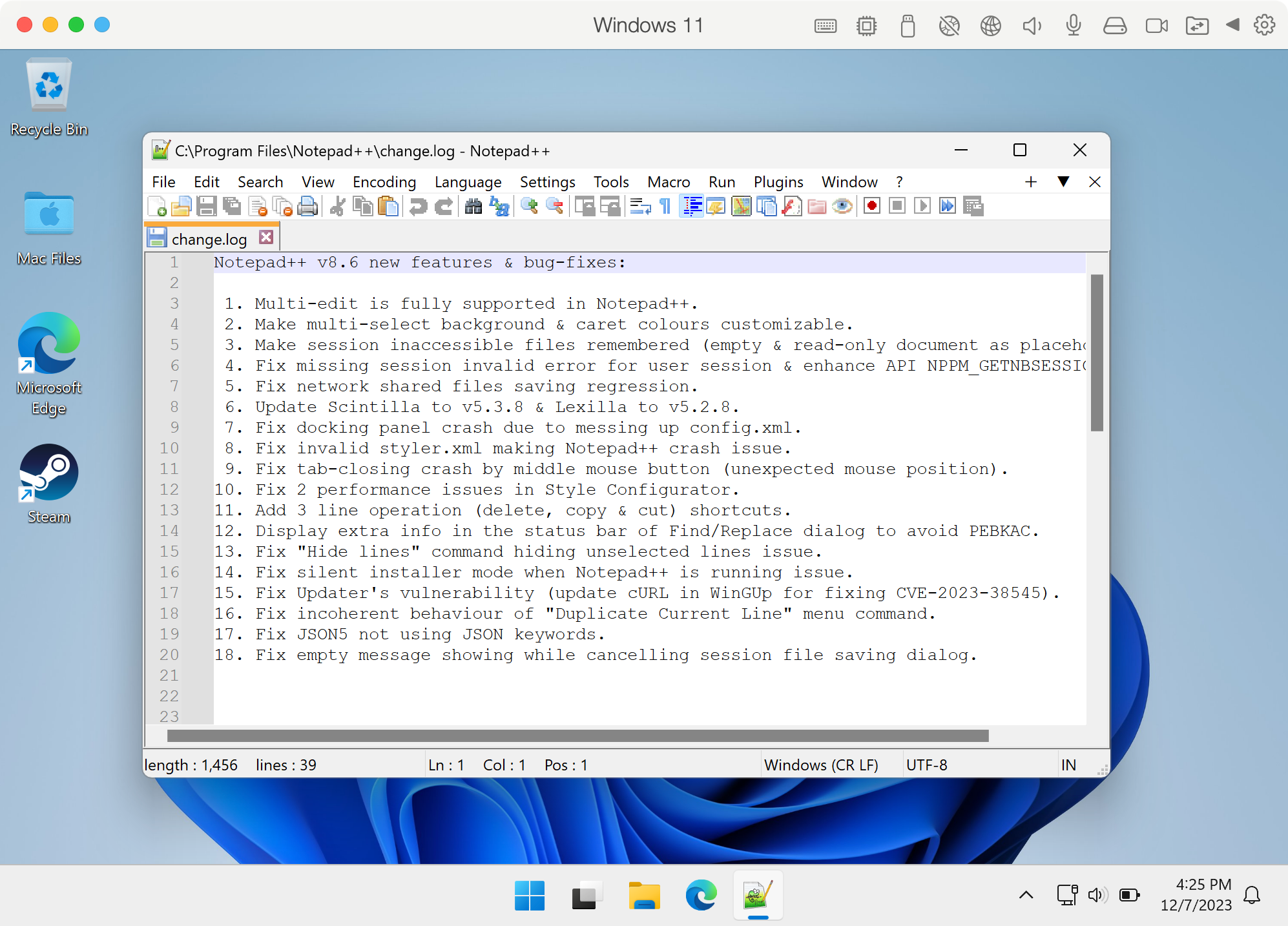 Notepad++ внутри Parallels Desktop