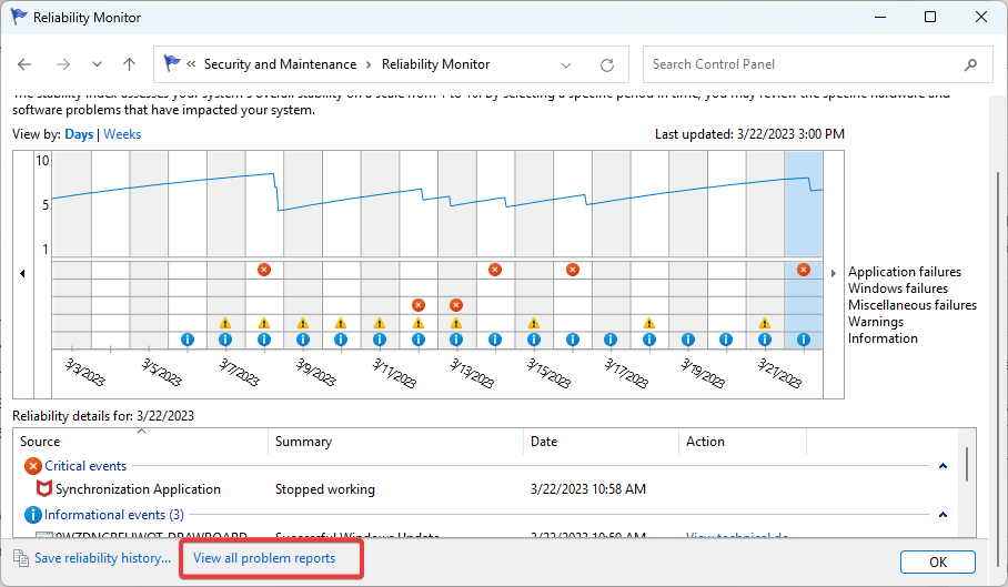 Кнопка 'Просмотреть все отчёты о проблемах' в Мониторе надёжности