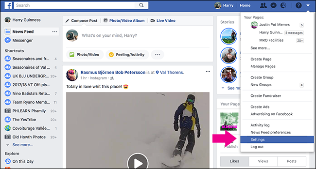 Меню настроек Facebook с раскрывающимся списком